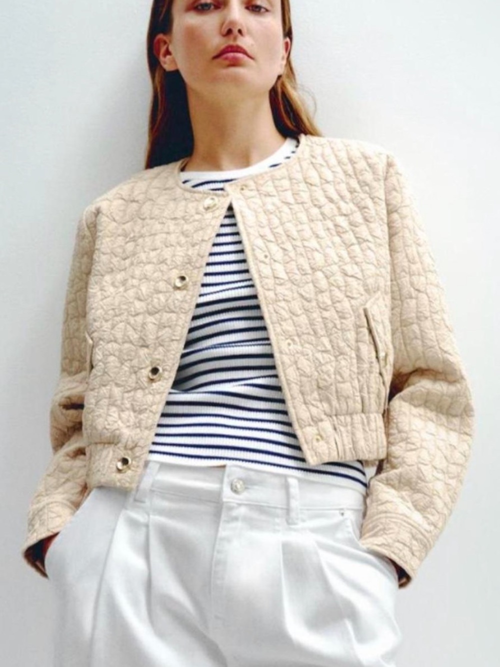 Zara Quilted Cream Bomber Jacket